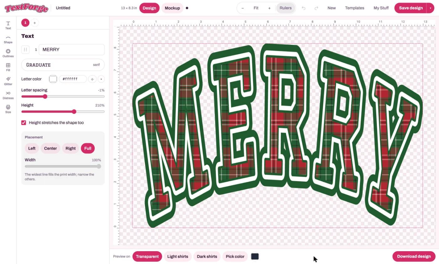 The TextForge editor with MERRY in tall arched Christmas plaid letters, white and green outlines, and the text controls beside it